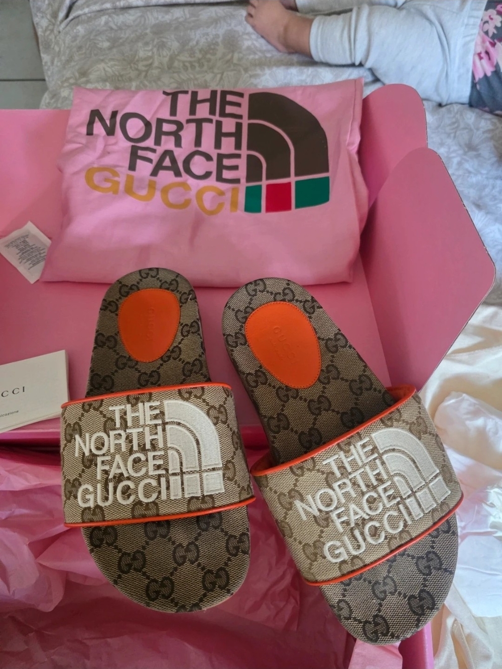 Gucci Brown GG Canvas Slide Sandals with Orange Trim